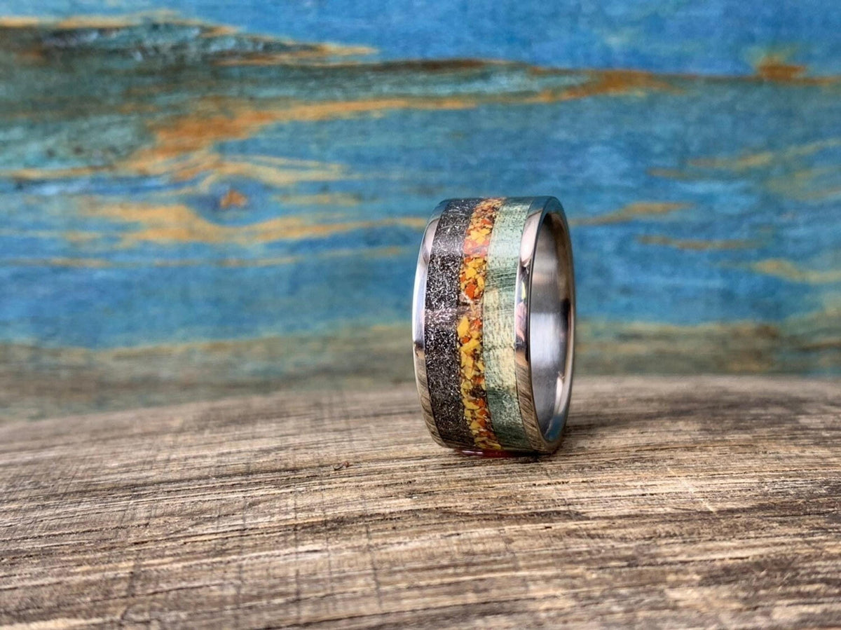 Meteorite Ring Mens with Dinosaur Bone and Wood Inlay - Wedding Band, Engraved