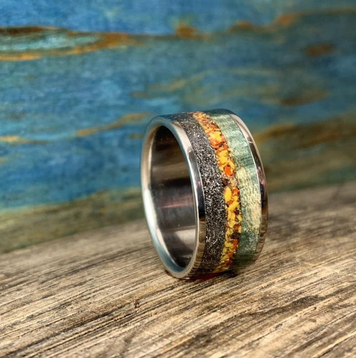 Meteorite Ring Mens with Dinosaur Bone and Wood Inlay - Wedding Band, Engraved