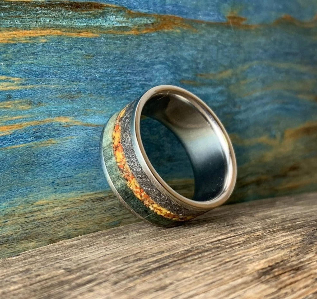 Meteorite Ring Mens with Dinosaur Bone and Wood Inlay - Wedding Band, Engraved