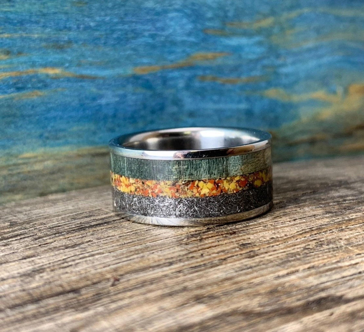 Meteorite Ring Mens with Dinosaur Bone and Wood Inlay - Wedding Band, Engraved