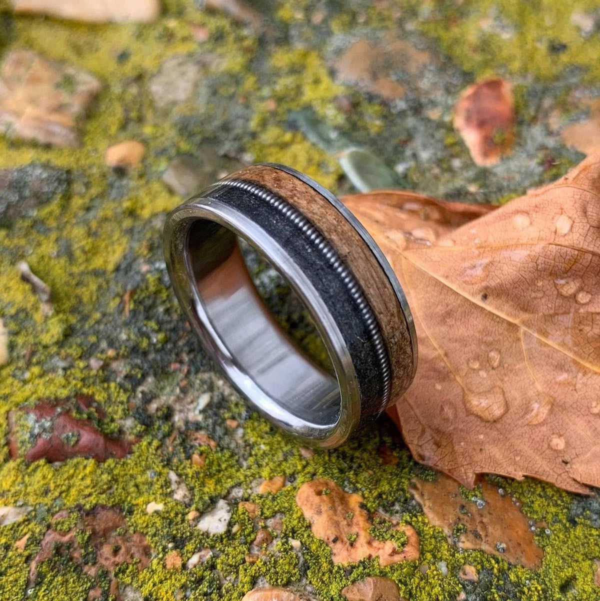 Whiskey Barrel Ring -Titanium Wedding Band with Guitar String Inlay -  The Gunslinger