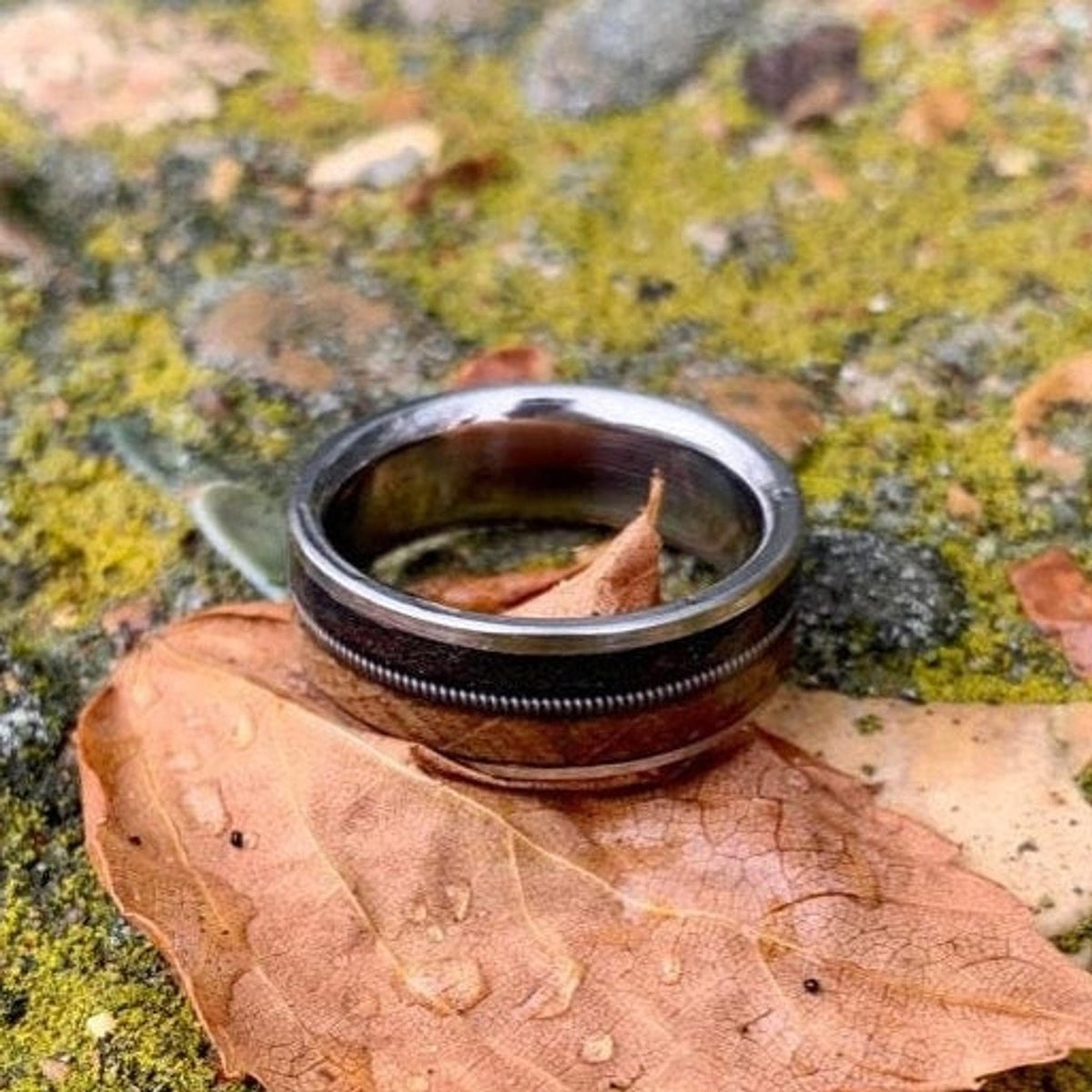 Whiskey Barrel Ring -Titanium Wedding Band with Guitar String Inlay -  The Gunslinger