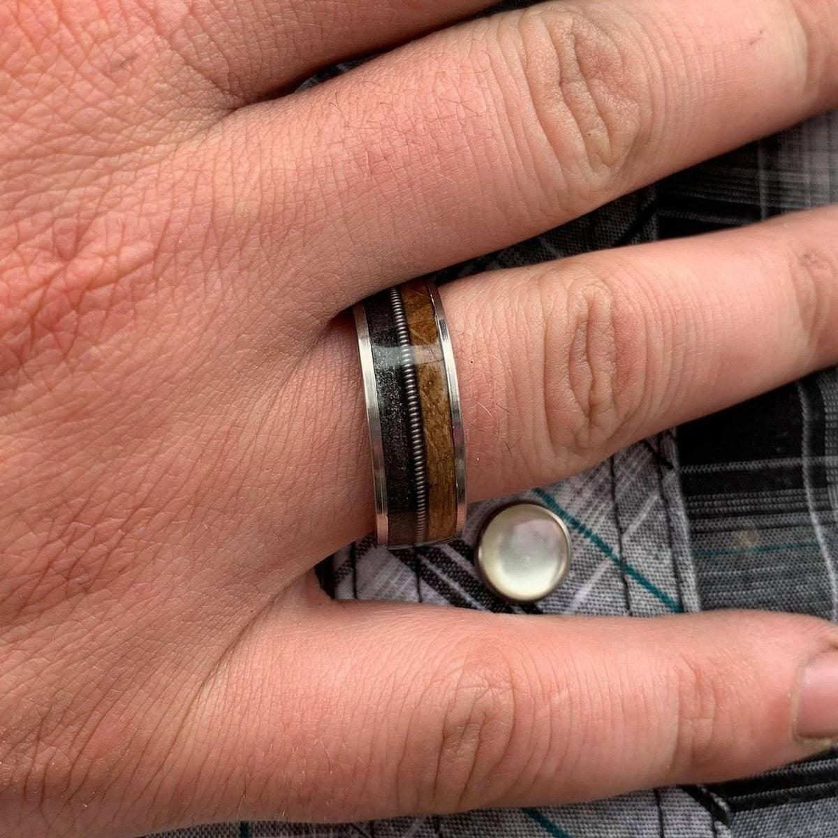 Whiskey Barrel Ring -Titanium Wedding Band with Guitar String Inlay -  The Gunslinger