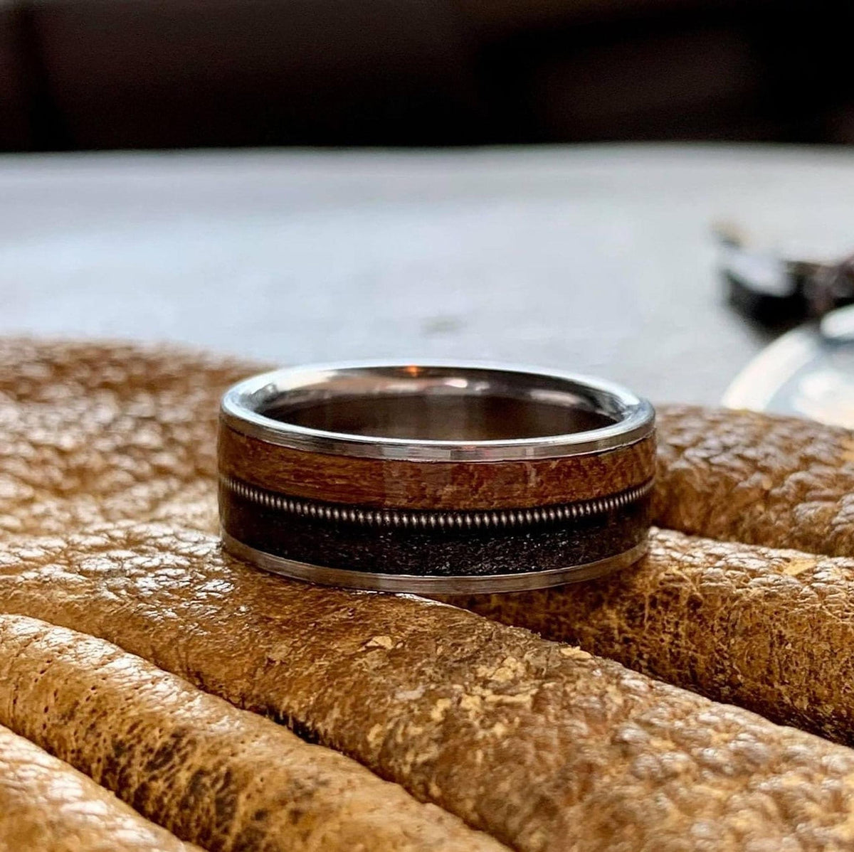 Whiskey Barrel Ring -Titanium Wedding Band with Guitar String Inlay -  The Gunslinger