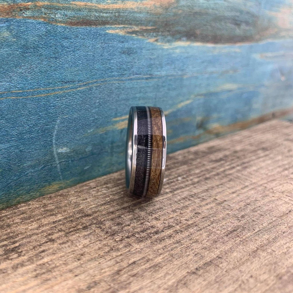 Whiskey Barrel Ring -Titanium Wedding Band with Guitar String Inlay -  The Gunslinger