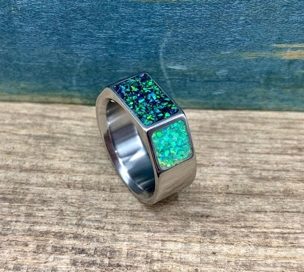 Men's Opal Ring in Titanium - Green Lab Signet Band for Male Engagement