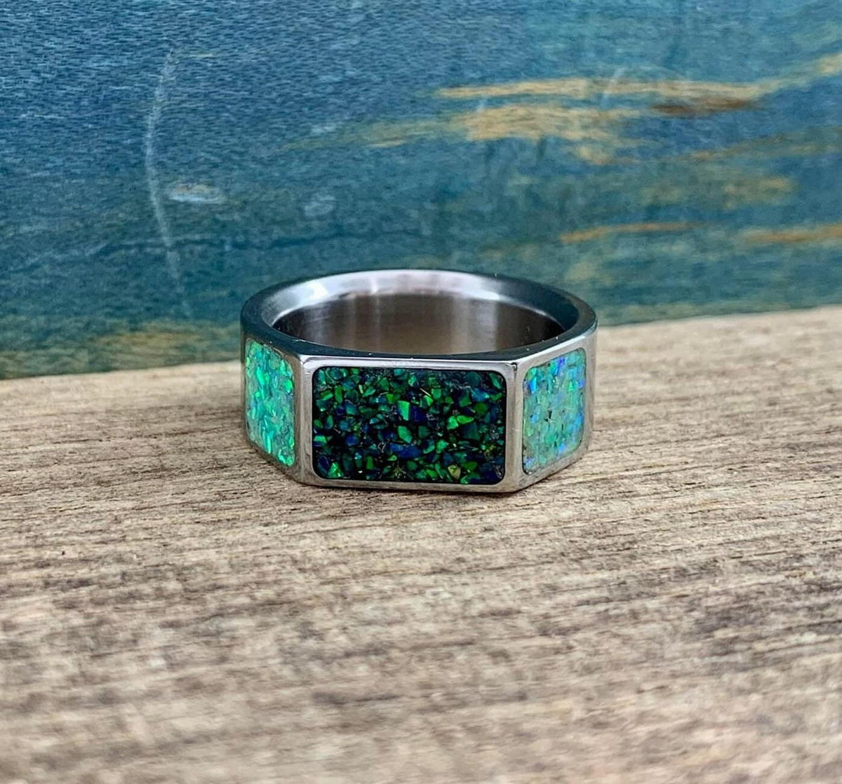 Men's Opal Ring in Titanium - Green Lab Signet Band for Male Engagement