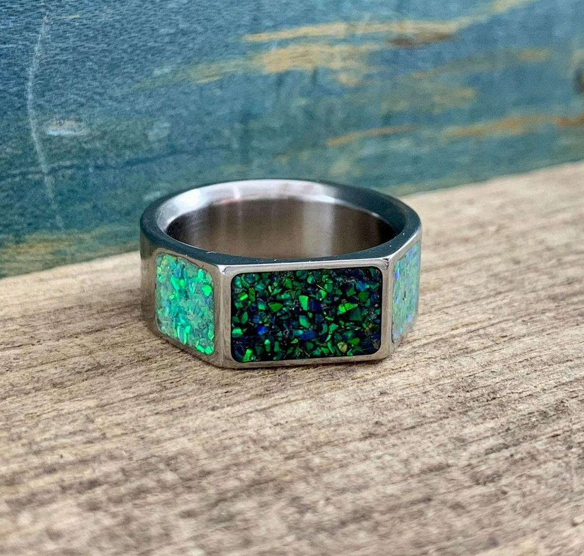 Men's Opal Ring in Titanium - Green Lab Signet Band for Male Engagement
