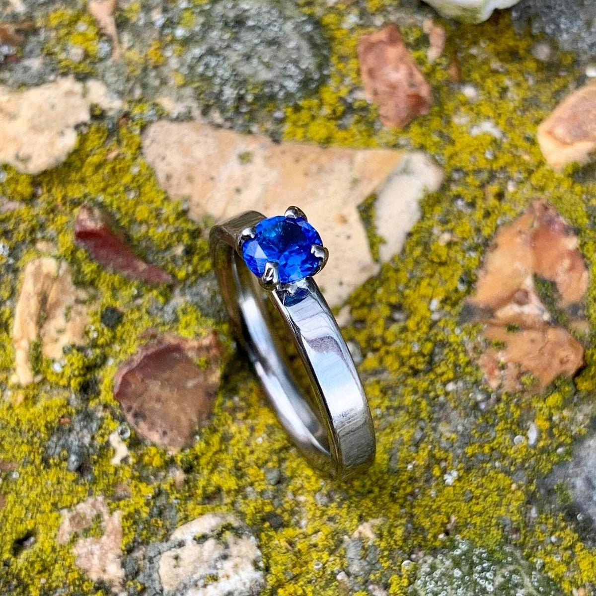 Sapphire Engagement Ring - Titanium Band with Lab Created Colorful Gemstone - Engraved