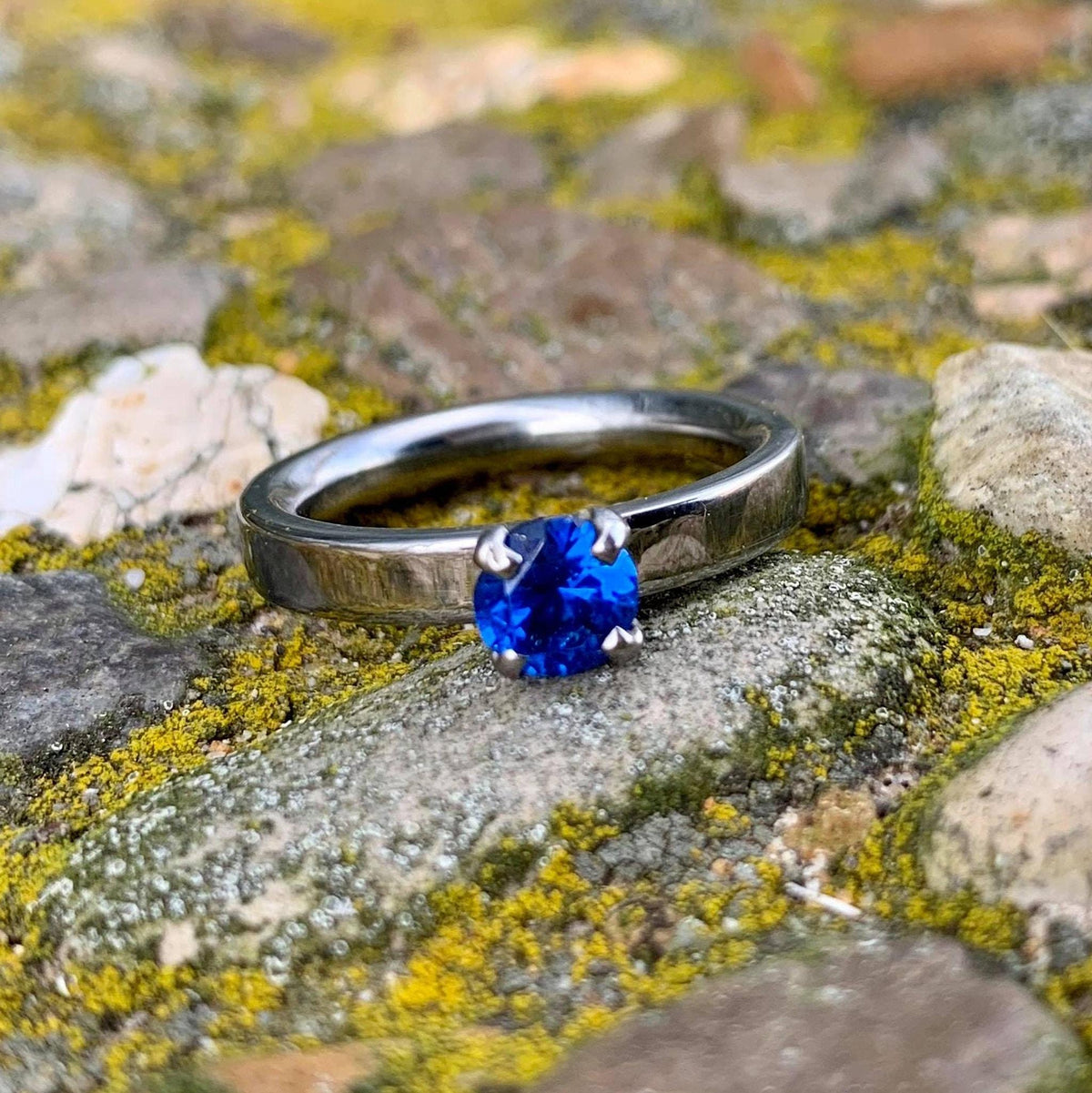 Sapphire Engagement Ring - Titanium Band with Lab Created Colorful Gemstone - Engraved