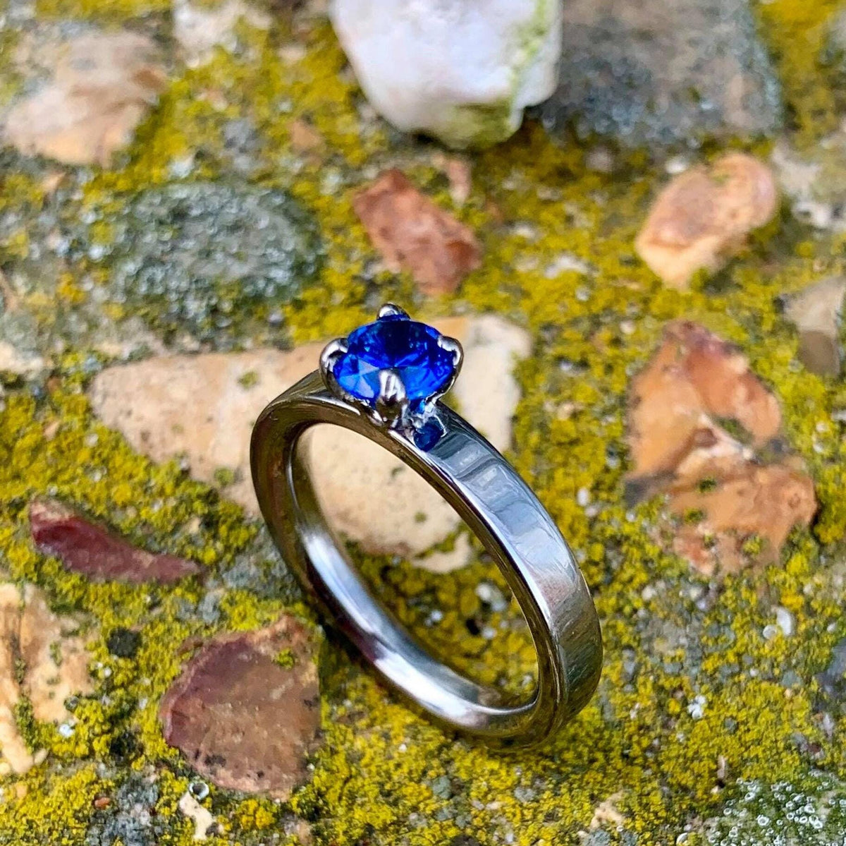 Sapphire Engagement Ring - Titanium Band with Lab Created Colorful Gemstone - Engraved