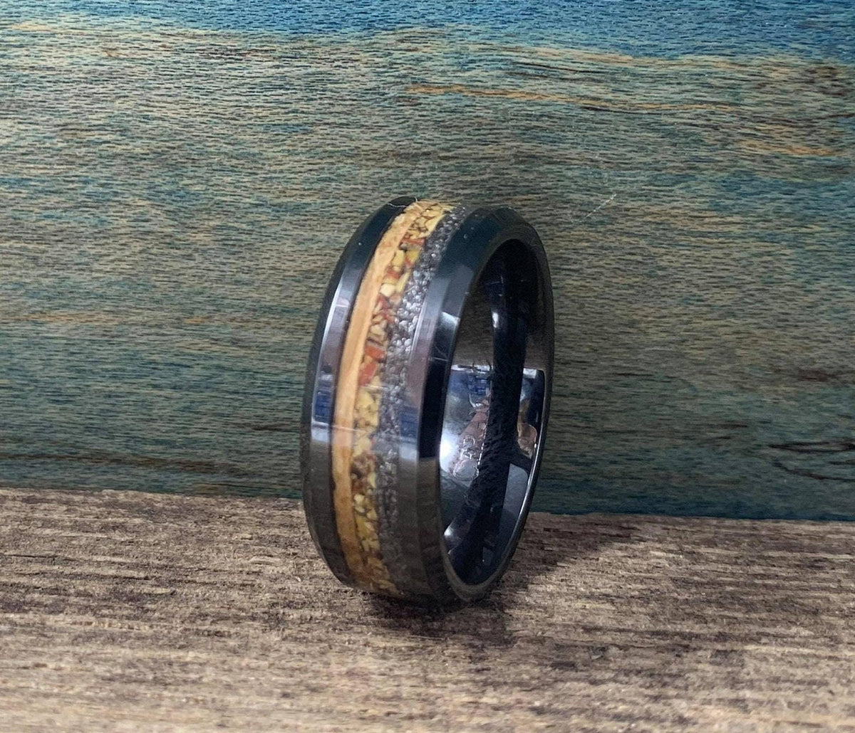 Men's Wedding Band - Black Ceramic Ring with Meteorite, Dinosaur Bone & Whiskey Barrel Wood