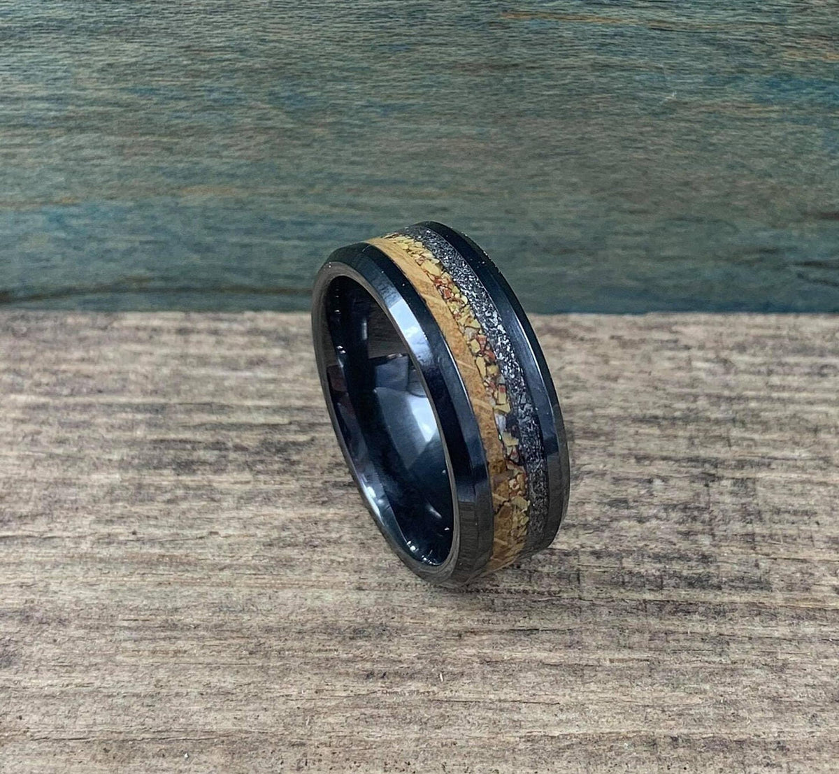 Men's Wedding Band - Black Ceramic Ring with Meteorite, Dinosaur Bone & Whiskey Barrel Wood