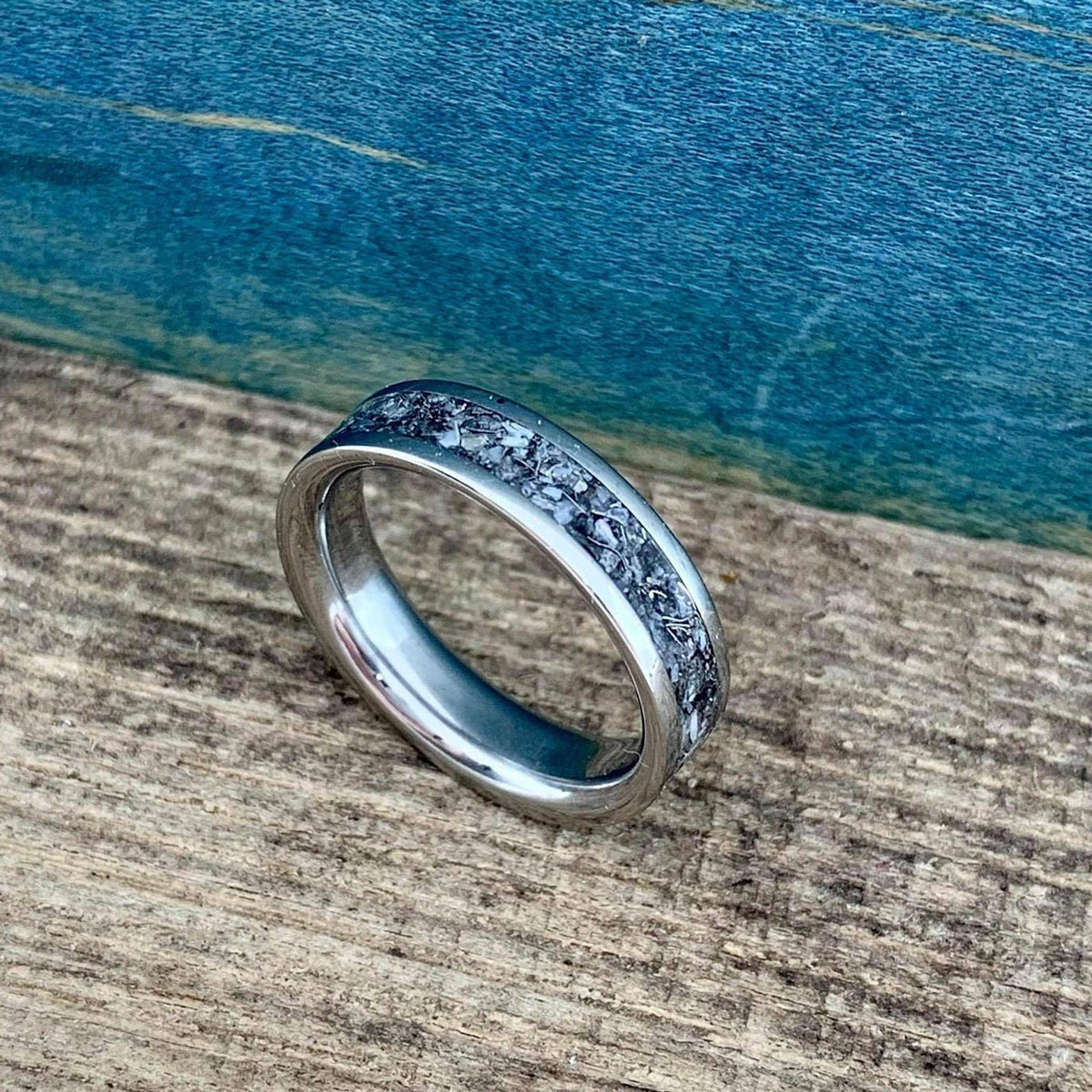 Titanium Ring with Mixed Metals, Pearl and Rose Quartz - Wedding Band - Engraved