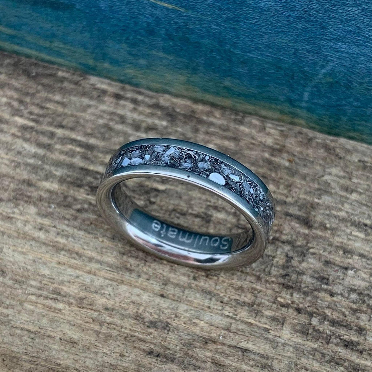 Titanium Ring with Mixed Metals, Pearl and Rose Quartz - Wedding Band - Engraved