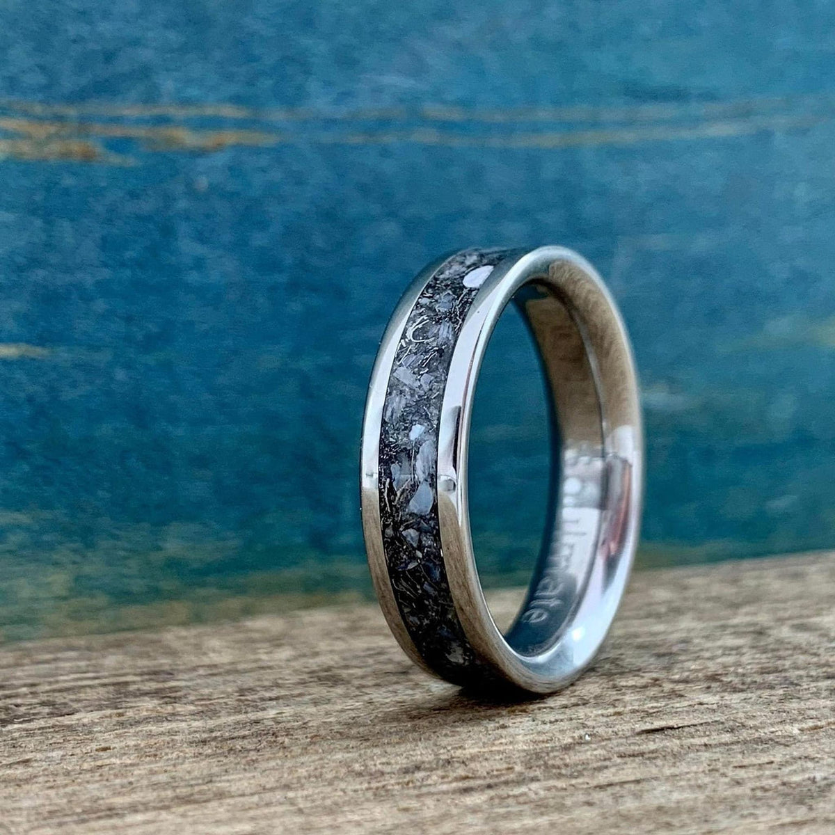 Titanium Ring with Mixed Metals, Pearl and Rose Quartz - Wedding Band - Engraved