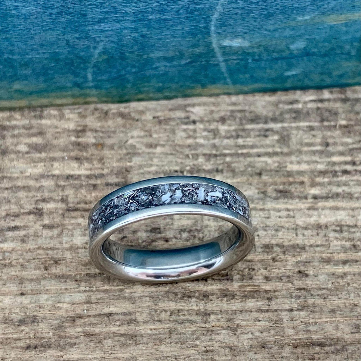 Titanium Ring with Mixed Metals, Pearl and Rose Quartz - Wedding Band - Engraved