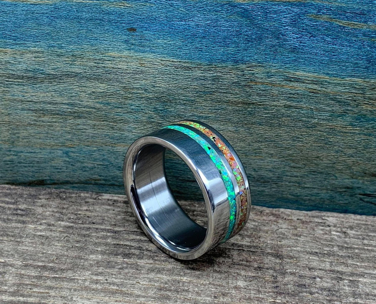 Men's Wedding Band with Green and Yellow Opal Inlays, Titanium Ring