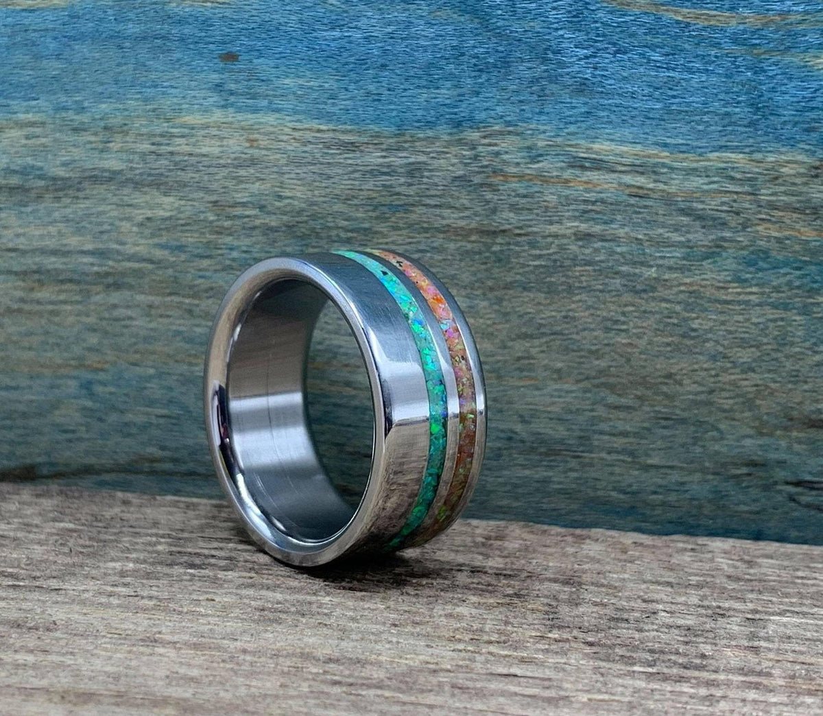 Men's Wedding Band with Green and Yellow Opal Inlays, Titanium Ring