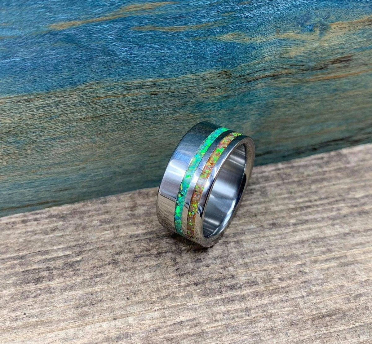 Men's Wedding Band with Green and Yellow Opal Inlays, Titanium Ring