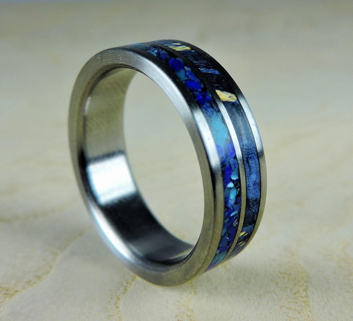Mens Titanium Ring with Blue Box Elder Wood, Turquoise and Lapis Lazuli - Wedding Band