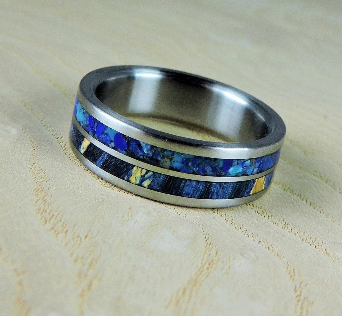 Mens Titanium Ring with Blue Box Elder Wood, Turquoise and Lapis Lazuli - Wedding Band