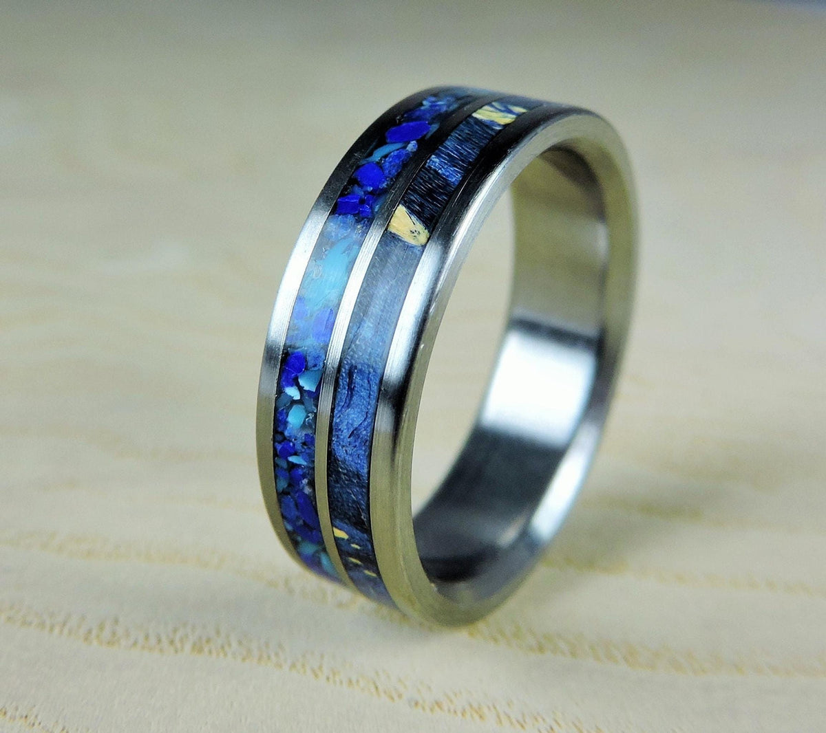 Mens Titanium Ring with Blue Box Elder Wood, Turquoise and Lapis Lazuli - Wedding Band