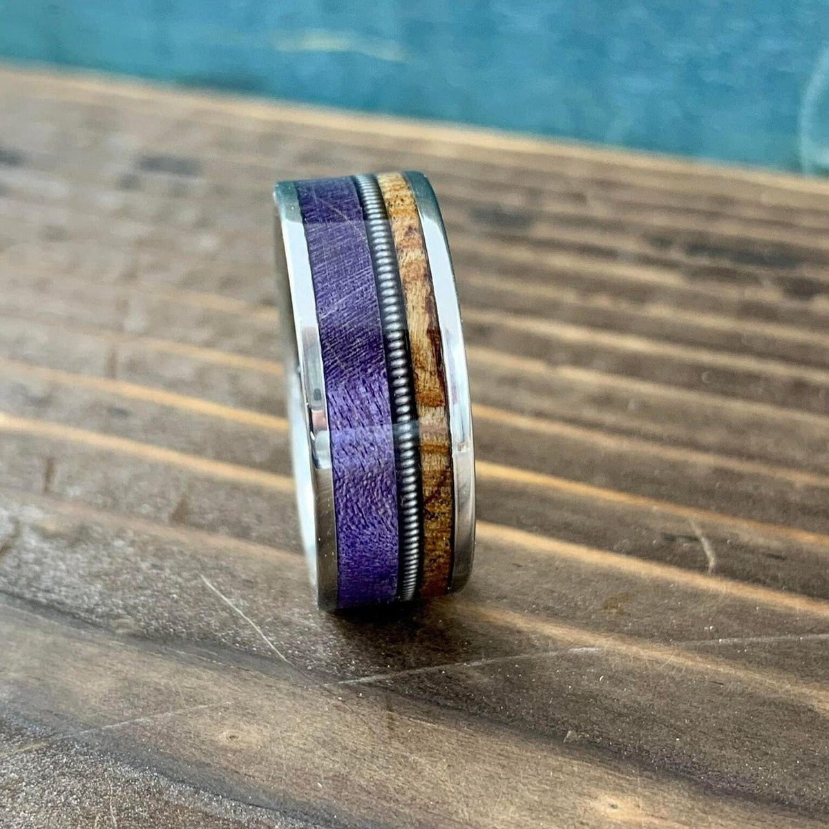 Men's Titanium Ring with Purple Box Elder and Birds Eye Maple Inlay