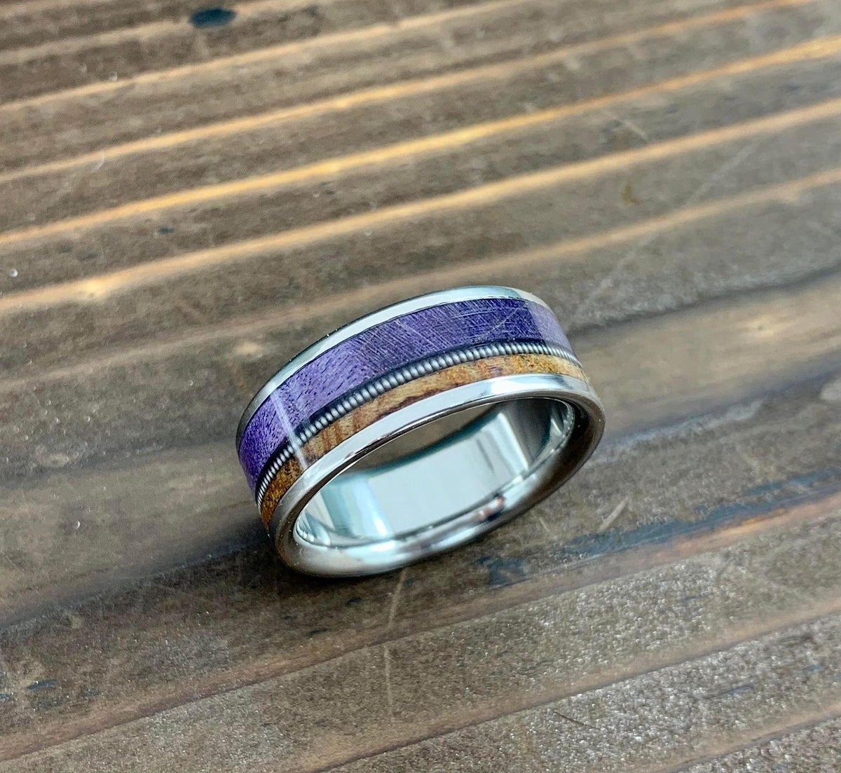 Men's Titanium Ring with Purple Box Elder and Birds Eye Maple Inlay