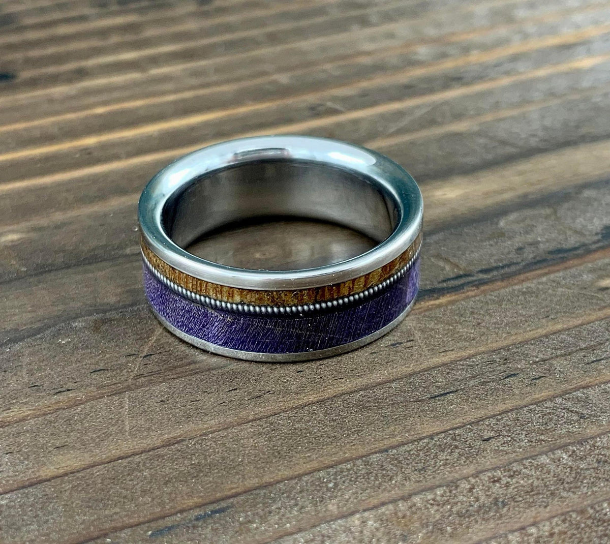 Men's Titanium Ring with Purple Box Elder and Birds Eye Maple Inlay