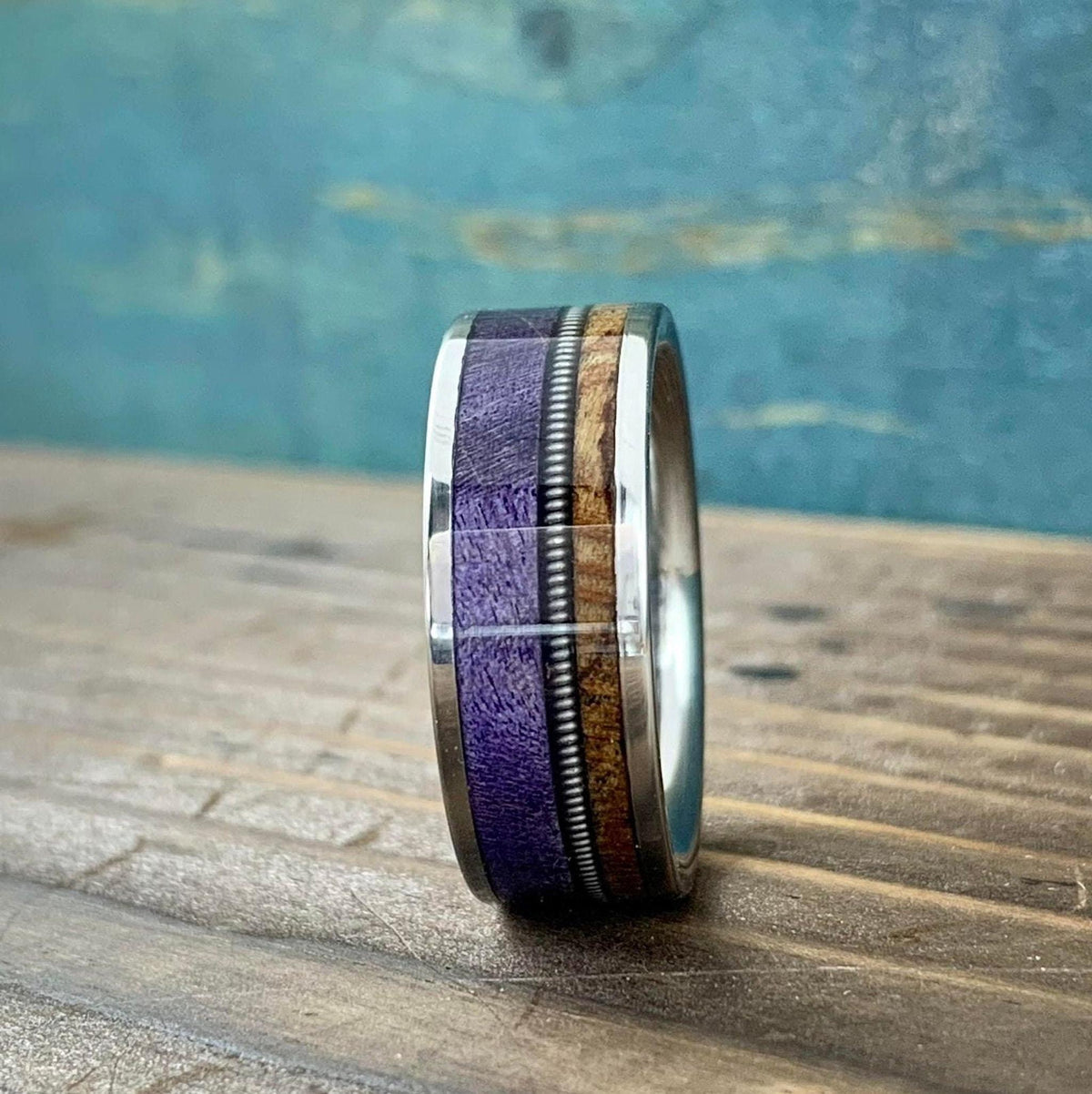 Men's Titanium Ring with Purple Box Elder and Birds Eye Maple Inlay