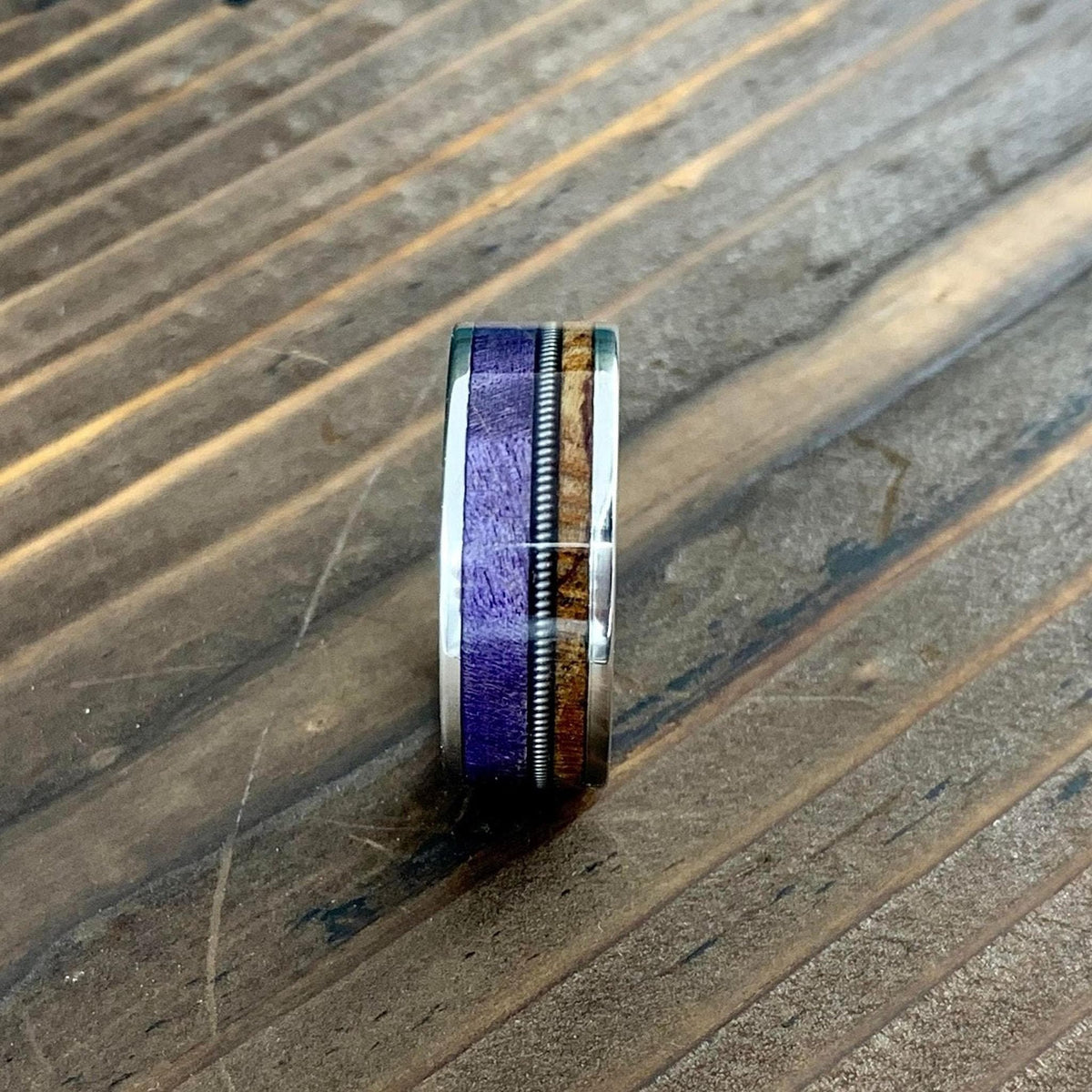 Men's Titanium Ring with Purple Box Elder and Birds Eye Maple Inlay