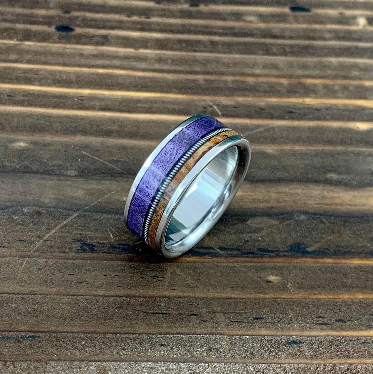 Men's Titanium Ring with Purple Box Elder and Birds Eye Maple Inlay