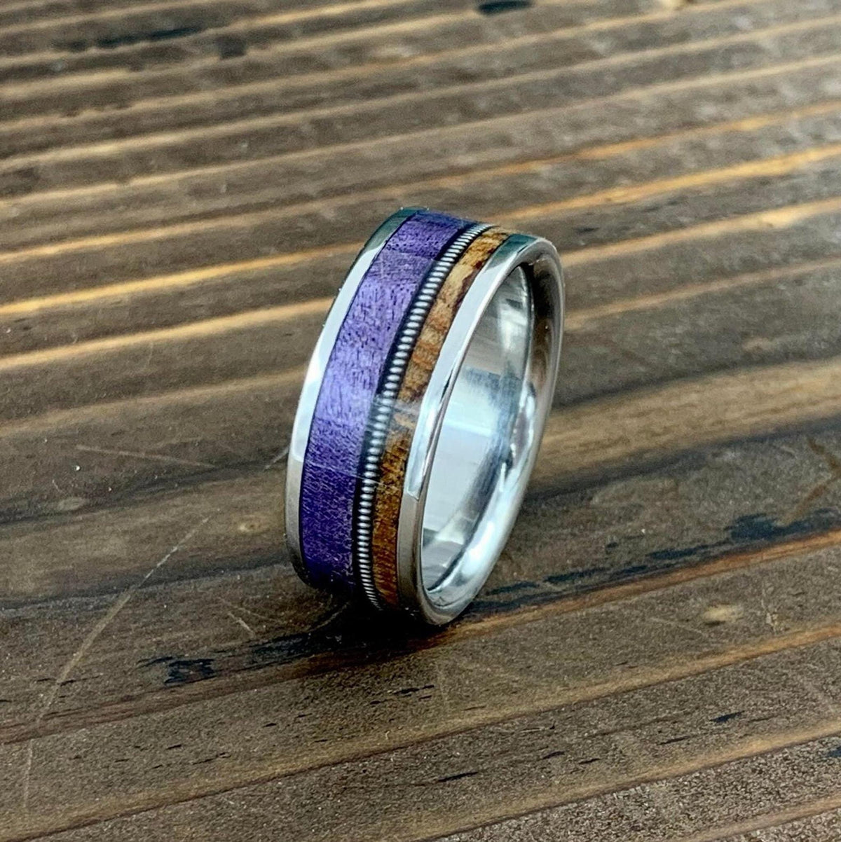 Men's Titanium Ring with Purple Box Elder and Birds Eye Maple Inlay