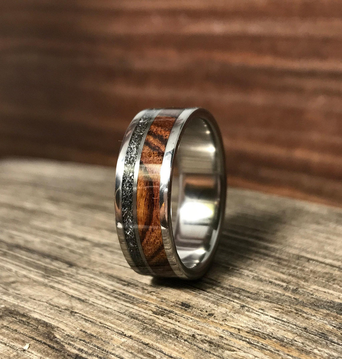 Mens Meteorite Ring - Titanium with Brazilian Wood Inlay - Wedding Band