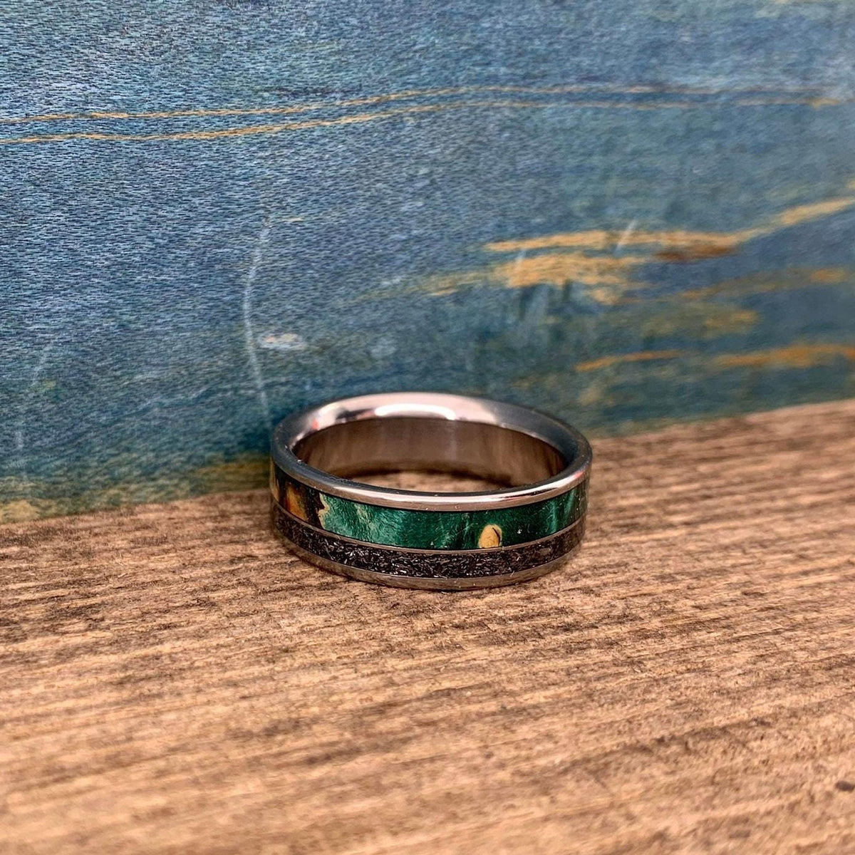 Meteorite Ring with Green Box Elder Wood - Men's Titanium Wedding Band