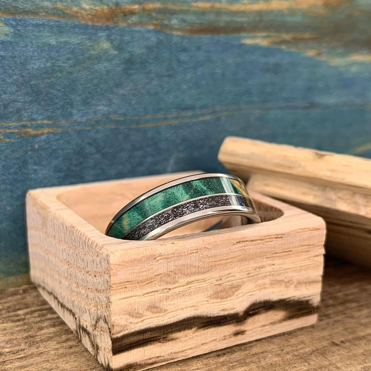 Meteorite Ring with Green Box Elder Wood - Men's Titanium Wedding Band