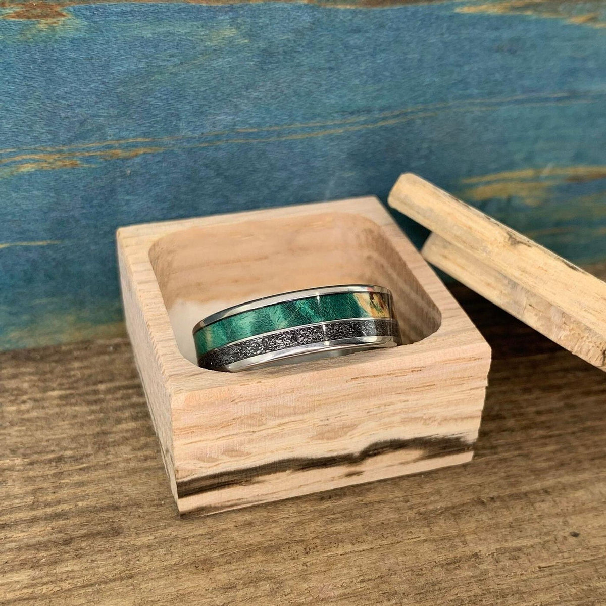 Meteorite Ring with Green Box Elder Wood - Men's Titanium Wedding Band