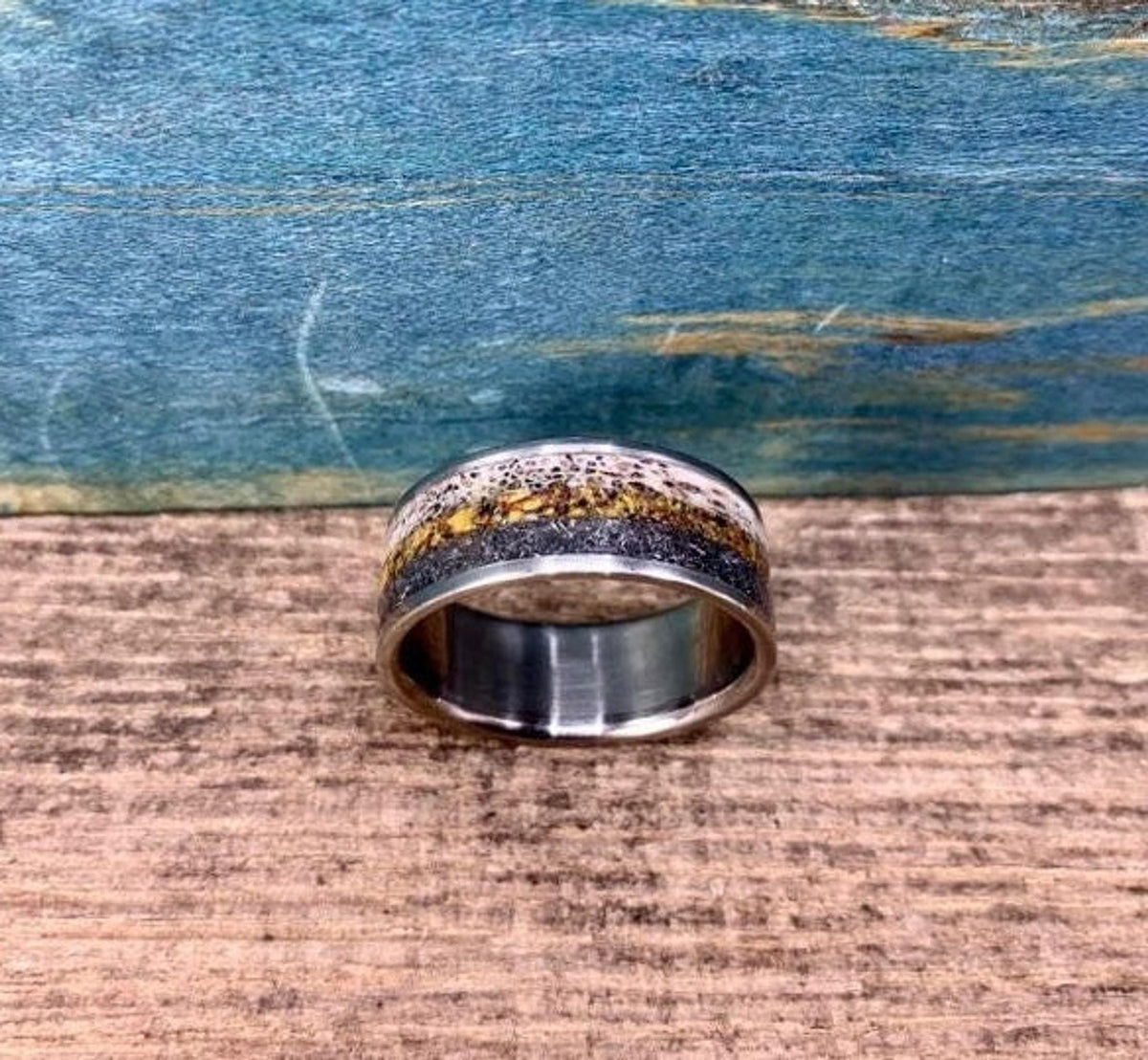 Meteorite Ring with Deer Antler and Dinosaur Bone Inlay - Custom Titanium Wedding Band