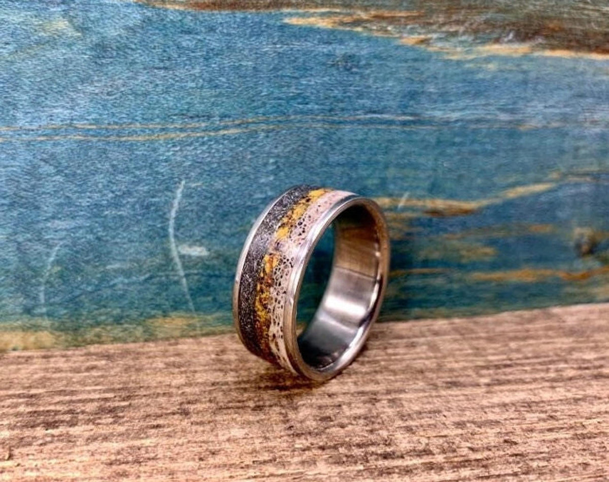 Meteorite Ring with Deer Antler and Dinosaur Bone Inlay - Custom Titanium Wedding Band