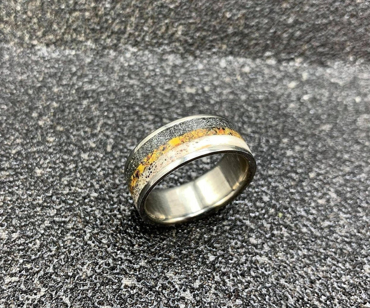 Meteorite Ring with Deer Antler and Dinosaur Bone Inlay - Custom Titanium Wedding Band