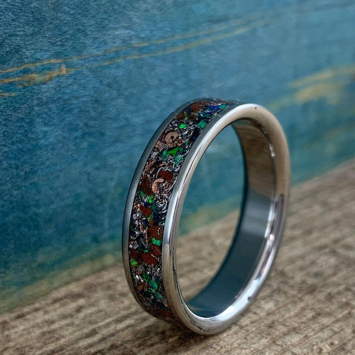 Titanium Ring with Green Opal and Meteorite Inlay - Wedding Band - Engraved