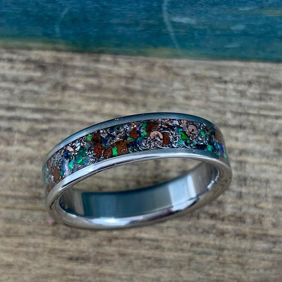 Titanium Ring with Green Opal and Meteorite Inlay - Wedding Band - Engraved