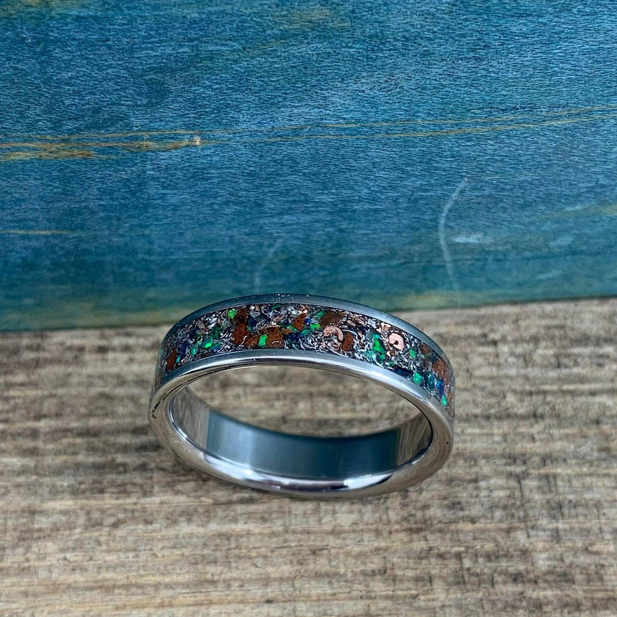 Titanium Ring with Green Opal and Meteorite Inlay - Wedding Band - Engraved