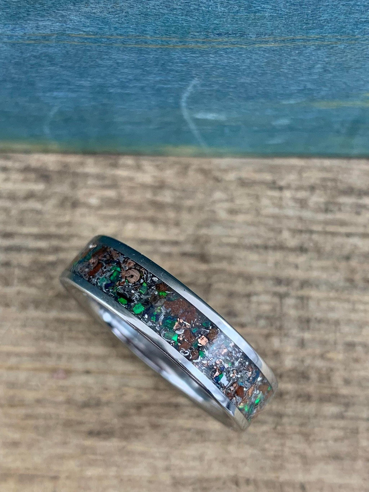 Titanium Ring with Green Opal and Meteorite Inlay - Wedding Band - Engraved