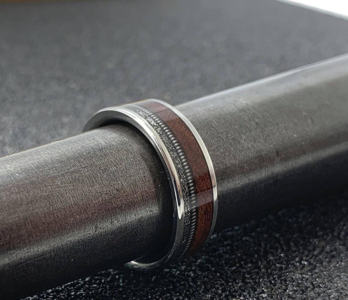 Mens Wedding Band with Meteorite, Rosewood and Guitar String - Engraved Ring