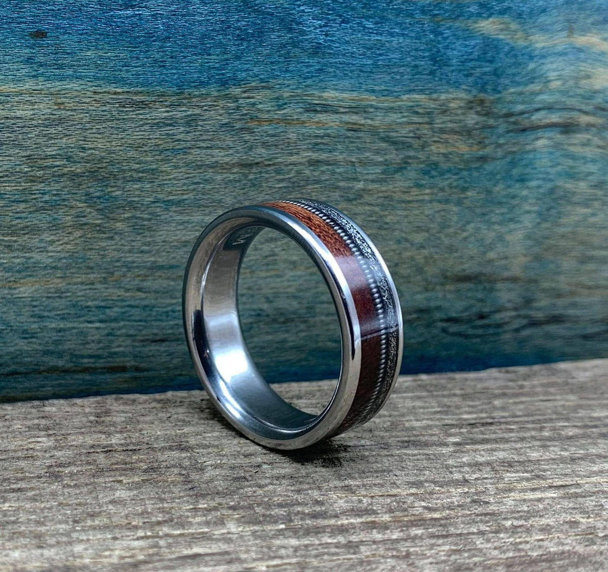 Mens Wedding Band with Meteorite, Rosewood and Guitar String - Engraved Ring