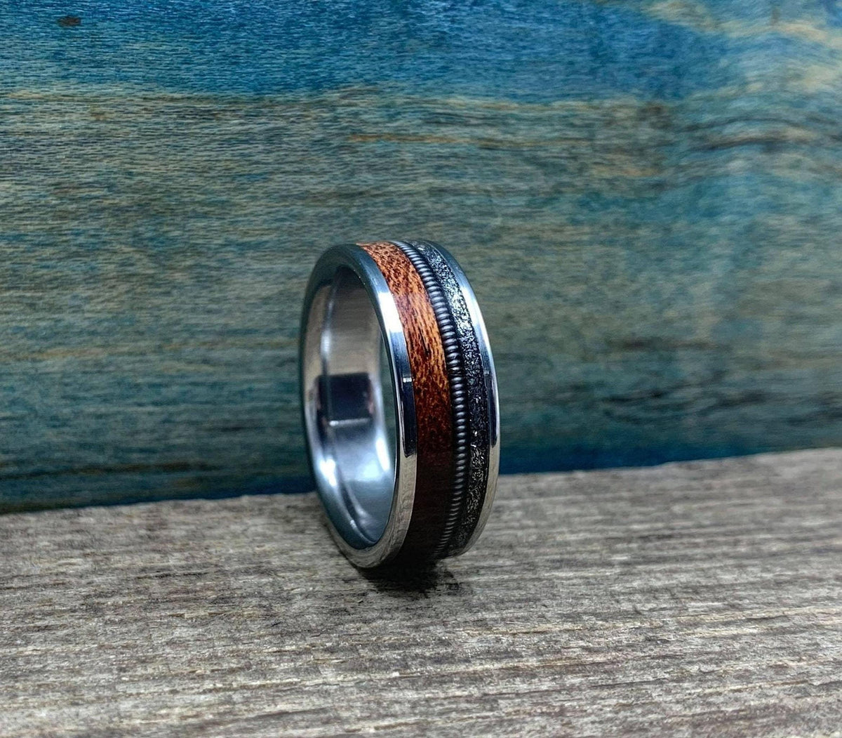 Mens Wedding Band with Meteorite, Rosewood and Guitar String - Engraved Ring