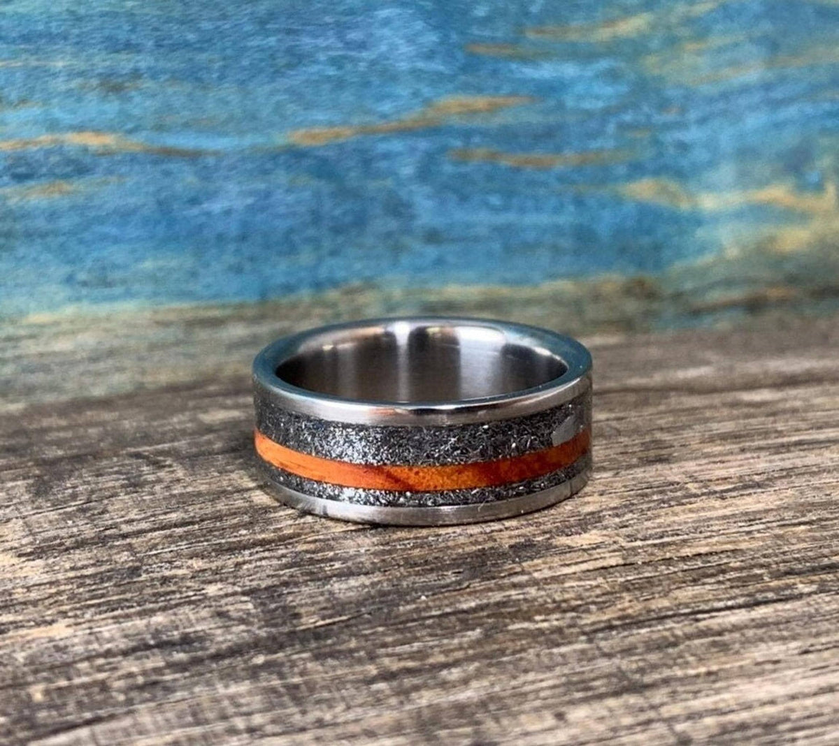 Men's Wedding Band with Meteorite and Amboyna Burl - Titanium Ring, Wood Inlay