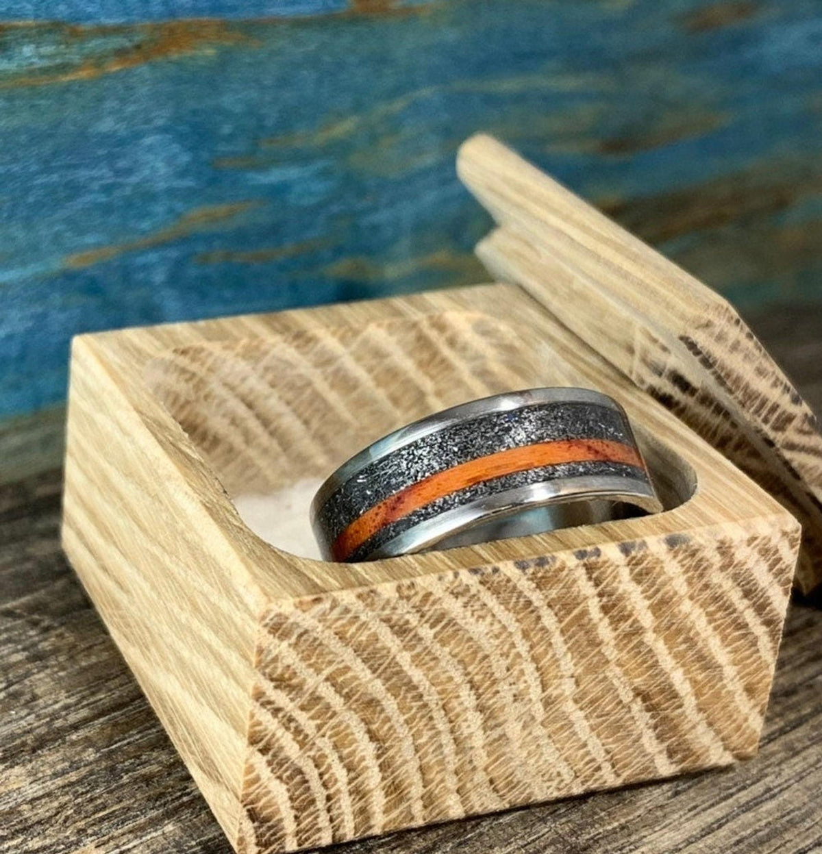 Men's Wedding Band with Meteorite and Amboyna Burl - Titanium Ring, Wood Inlay